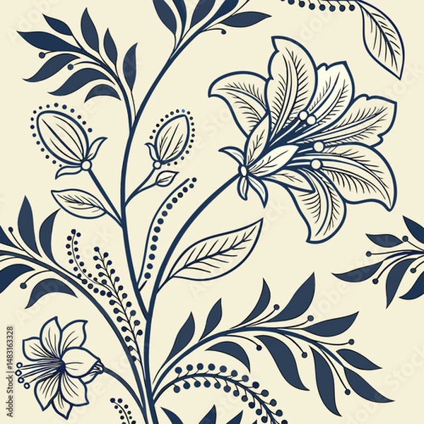 Fototapeta Elegant navy floral pattern on cream background for textiles and decorative design