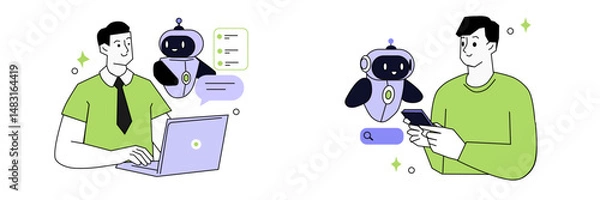 Fototapeta Artificial intelligence or AI technology set. Characters using artificial intelligence generative tools for business tasks, content creation, marketing, automation. Vector illustration