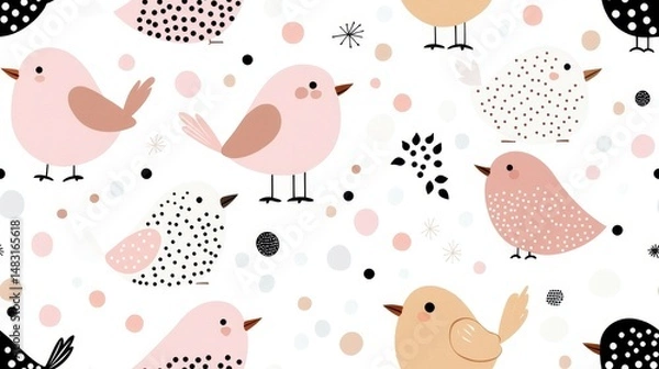 Obraz Seamless wallpaper design featuring birds and leaves patterns bright and cheerful creative digital art