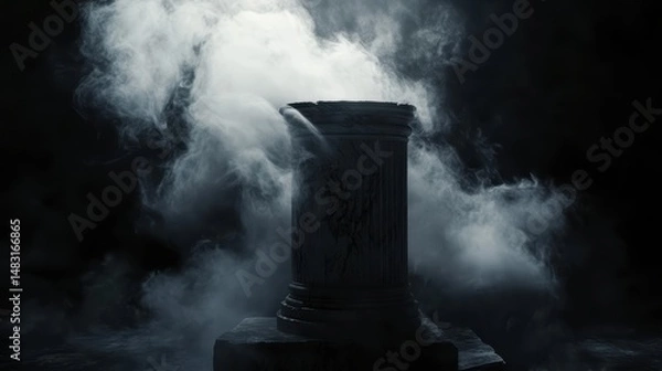 Fototapeta Mysterious Ancient Column Surrounded by Dramatic Fog and Dark Atmosphere in a Dimly Lit Scene