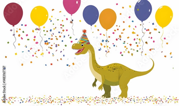 Fototapeta Cheerful brachiosaurus wearing a party hat amidst colorful balloons and confetti, celebrating a special occasion