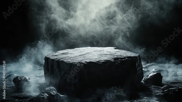 Fototapeta Dark Mysterious Stone on Foggy Ground Surrounded by Mystical Atmosphere and Ethereal Lighting