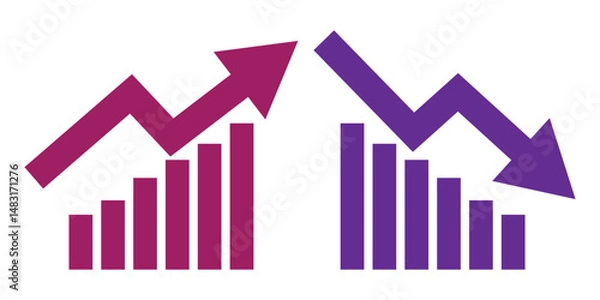 Fototapeta business graph with red arrow Graph going Up and Down sign with green and red arrows vector. Flat design vector illustration concept of sales bar chart symbol icon with arrow moving down and sales bar