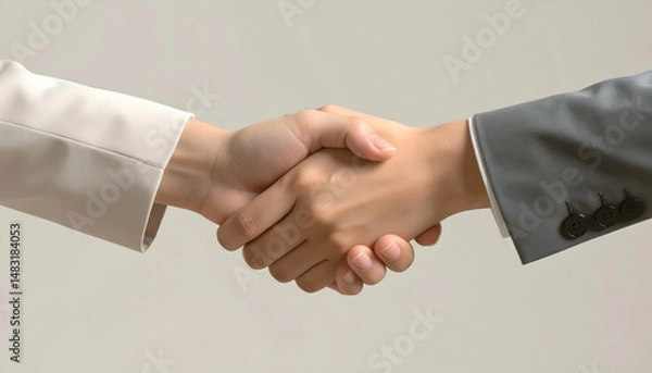 Fototapeta Two Hands Shaking in Professional Setting with Gray Background Business Agreement and Formal Attire Close Up View