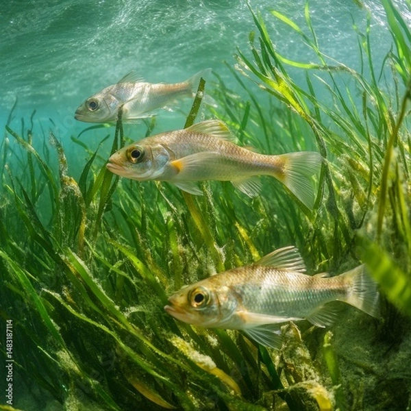 Fototapeta Juvenile mullet feeding on algae attached to eelgrass