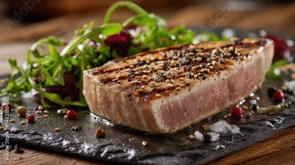 Fototapeta Grilled tuna steak with sesame seeds, served on a dark stone plate with a fresh salad. Delicious and healthy meal.