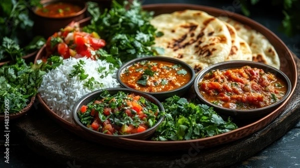 Obraz Indian food platter with rice, naan, and curries