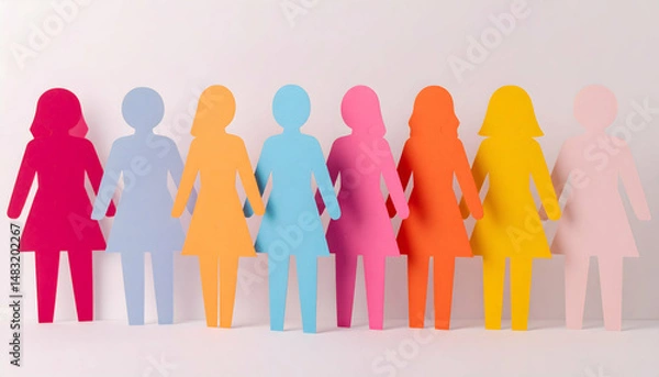 Obraz Vibrant Paper Cutouts Of Diverse People In A Row On White Background Symbolizing Unity And Social Connection