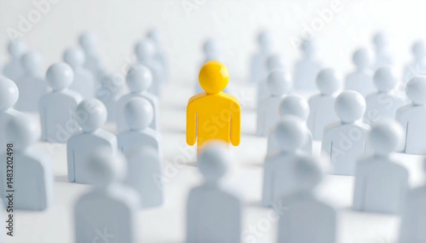 Obraz Vibrant Yellow Figure Stands Out Among Uniform Blue Figures Symbolizing Individuality and Unique Perspective on White Background