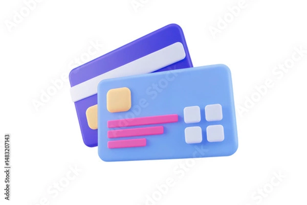 Fototapeta Two colorful, stylized credit cards with geometric shapes and minimalist design.
