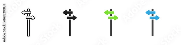 Fototapeta Signpost icon set. Arrow direction icon in vector design style. Graphic sign arrow navigation. Route travel icons.
