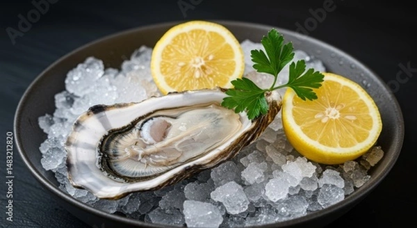 Fototapeta Fresh Oyster on Ice with Lemon - A single fresh oyster served on a bed of ice with lemon wedges and parsley. Perfect for a seafood menu or restaurant promotion