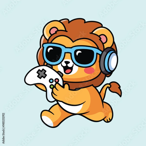 Fototapeta Cute Cartoon Lion Playing Video Game with Headphones and Controller Vector Illustration