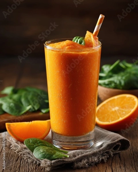 Fototapeta Refreshing orange smoothie with spinach, perfect for a healthy and delicious treat.