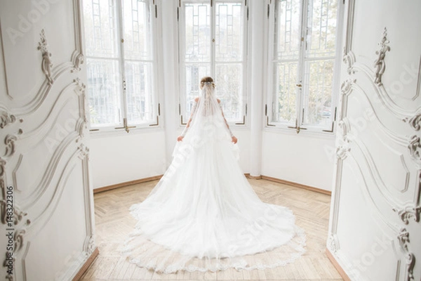 Fototapeta The charming bride stands near windows
