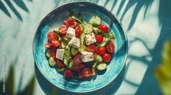 Fototapeta Fresh Mediterranean Salad with Feta Cheese and Sun-Drenched Shadows