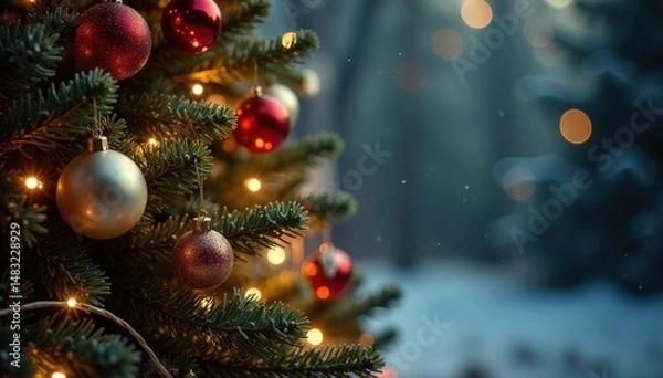 Obraz A beautifully decorated Christmas tree with ornaments and twinkling lights , sparkle, silver, merry