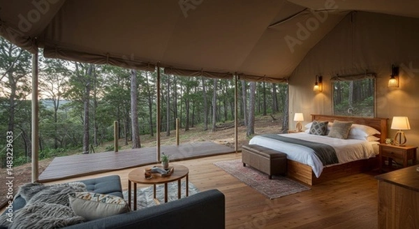 Obraz Luxurious Glamping Tent with Forest View - A spacious glamping tent boasts a king-size bed, plush seating
