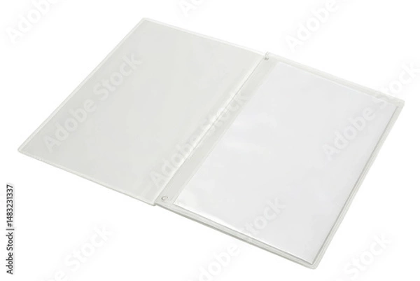Fototapeta An open plastic folder with a clear sheet protector for holding documents.