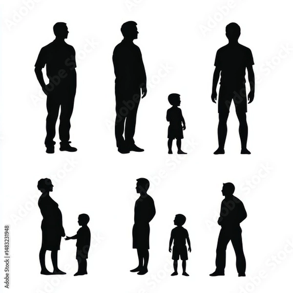 Fototapeta The stages of a man's growing up - infant, child, teen, adult, elderly. Collection of silhouettes of men of different ages. Vector illustration isolated on white background