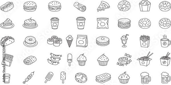 Fototapeta Fast Food Editable Icons set. Vector illustration in modern thin line style of restaurant menu related icons: burger, French fries, desserts, and more.