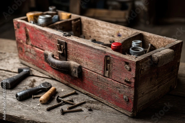 Fototapeta Wooden box with tools: hammer, saw, and wrench. Background of a workshop with shelves and workbench cluttered with various equipment and materials.