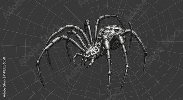 Fototapeta Mechanical Spider on Web - A detailed illustration of a robotic spider perched on a spiderweb, in grayscale. Its metallic body contrasts with the intricate web design