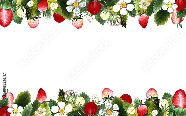 Fototapeta Strawberry Border with Blossoms and Leaves