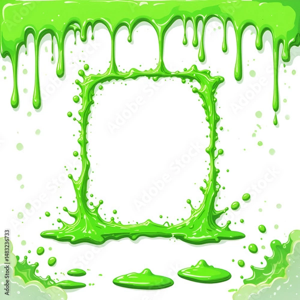 Obraz Liquid green slime splashes, border and frames from dripping poison goo. Vector cartoon set of fluid mucus drops and blobs. Illustration of sticky ooze splatters isolated on white background