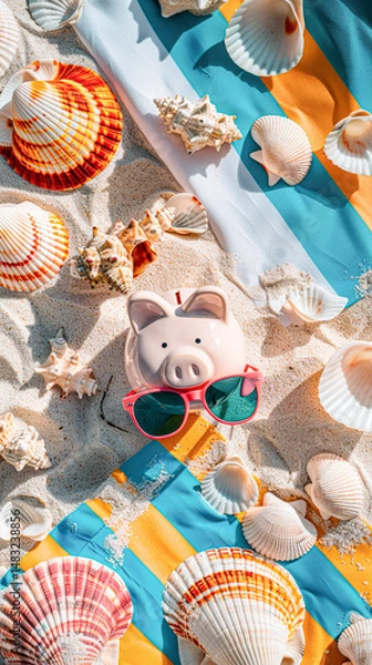 Fototapeta A piggy bank with sunglasses sits on sandy beach with seashells and a colorful towel, evoking summer vacation savings.