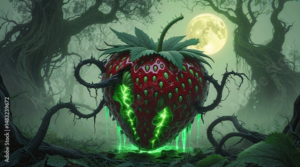 Fototapeta Glowing radioactive strawberry zombie fruit with green slime dripping in haunted forest under full moon with creepy trees and vines at night, halloween theme