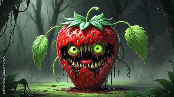 Fototapeta a monstrous strawberry zombie with sharp teeth and glowing green eyes. Dripping blood and lurking in a dark. Misty forest. Creating a spooky and surreal Halloween scene