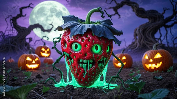 Fototapeta Spooky Halloween scene with a glowing strawberry zombie rising from green slime, surrounded by carved pumpkins and leafless trees under a full moon, creating a creepy and festive atmosphere