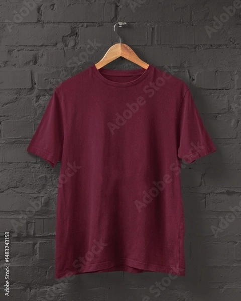 Obraz Burgundy T-shirt mockup on hanger placed on a black brick wall for print on demand