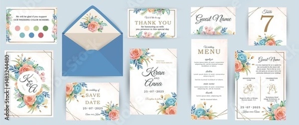 Fototapeta Wedding invitation template set romantic floral watercolor. Perfect for sophisticated wedding party, dinner and bar menu, bachelorette party, birthday invitation, sign.