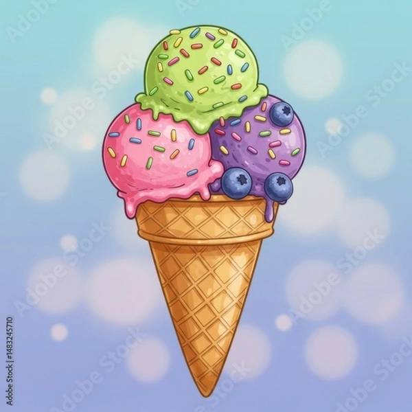 Fototapeta Three Scoop Ice Cream Cone with Sprinkles