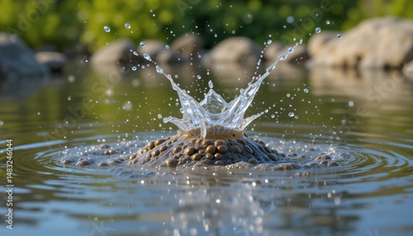 Fototapeta  Water Crown Creation: The perfect moment of nature unfolds as a droplet creates a captivating crown-shaped splash, an explosion of motion frozen in time within the still water.