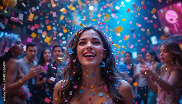 Fototapeta Confetti Celebration: A young woman with long brown hair beams with joy, surrounded by a shower of colorful confetti at a vibrant party.