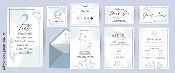 Fototapeta Botanical blue design set of invitation cards and other printing. Illustration design for invitation, cover, poster, dress code and menu.
