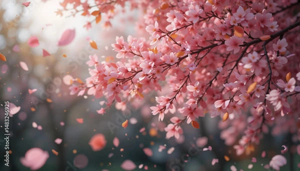 Fototapeta Blossom Ballet: Delicate cherry blossoms in full bloom, their pink petals dance in the gentle breeze, creating an ethereal display of spring beauty.