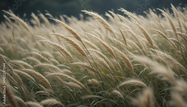Fototapeta Whispering Grass: Witness the beauty of nature with this photograph of swaying grass. This picture portrays the movement of the wind gracefully blowing through fields of tall grass