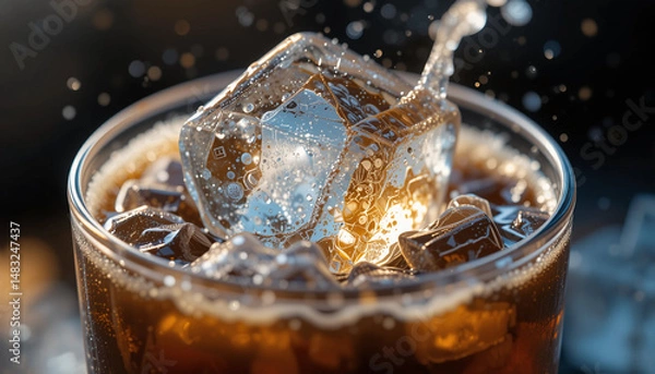 Fototapeta The refreshing moment : An exquisite glass of dark, bubbly beverage comes to life as ice cubes collide and a delicate spray of refreshment rises, painting a vibrant scene