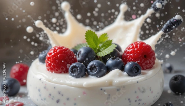 Fototapeta Berry Delight: A delectable swirl of berries, cream, and a crown of milk, creating a burst of flavor, photographed to capture the perfect moment of freshness.