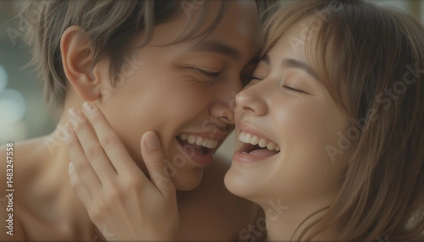 Fototapeta Intimate moment : A loving couple shares a tender moment of pure joy, their faces alight with laughter and affection, creating a scene of warmth and emotional connection.