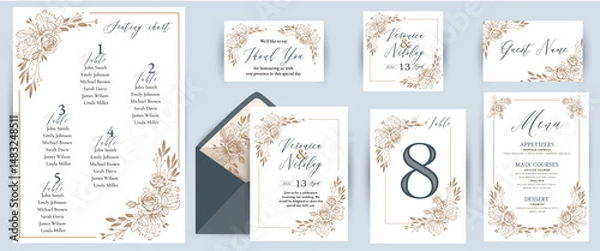 Fototapeta Floral wedding invitation set of cards and other printing. Illustration design for invitation, cover, poster, dress code and menu.