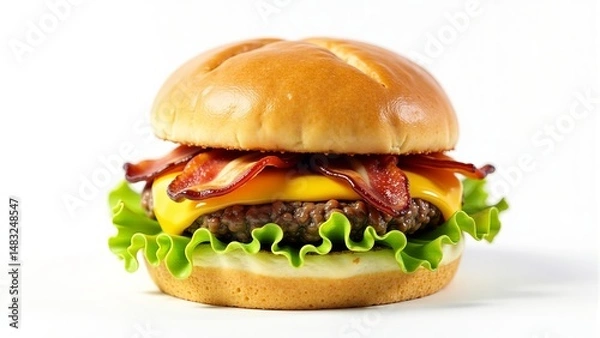 Fototapeta Bacon Cheeseburger On White Background Close-Up