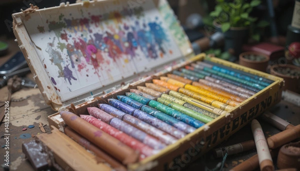 Fototapeta Crayon Dreams: A vibrant collection of colorful crayons spills out of a worn wooden box, capturing the essence of childhood creativity and artistic expression.