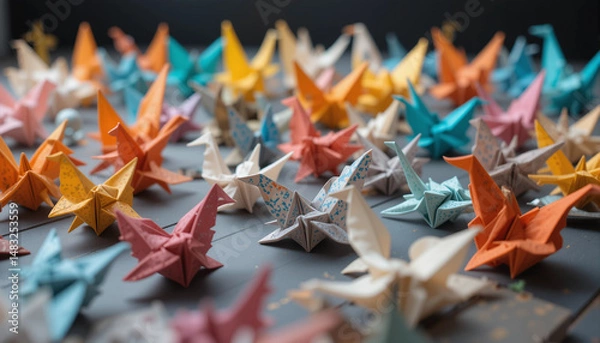 Fototapeta Colorful Origami Cranes: A captivating collection of vibrant origami cranes in diverse colors and patterns, artfully arranged on a dark surface.
