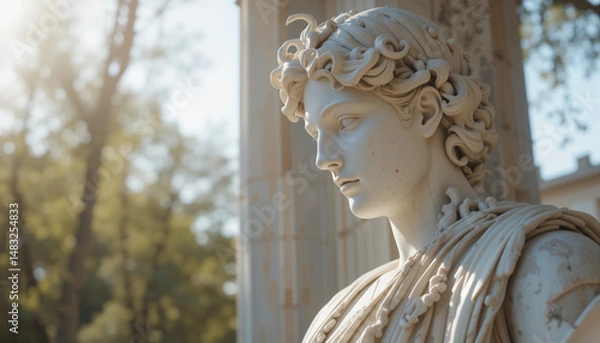 Fototapeta Classical Sculpture in Sunlight: A serene classical sculpture, carved in pristine marble, stands in the soft glow of sunlight. Evoking timeless beauty and the elegance of art.