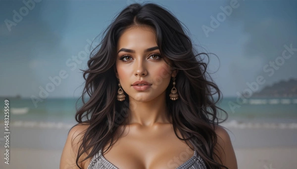 Fototapeta Serene Beauty by the Sea: A woman with captivating brown eyes and long, flowing dark hair stares directly into the camera with an air of serene beauty.